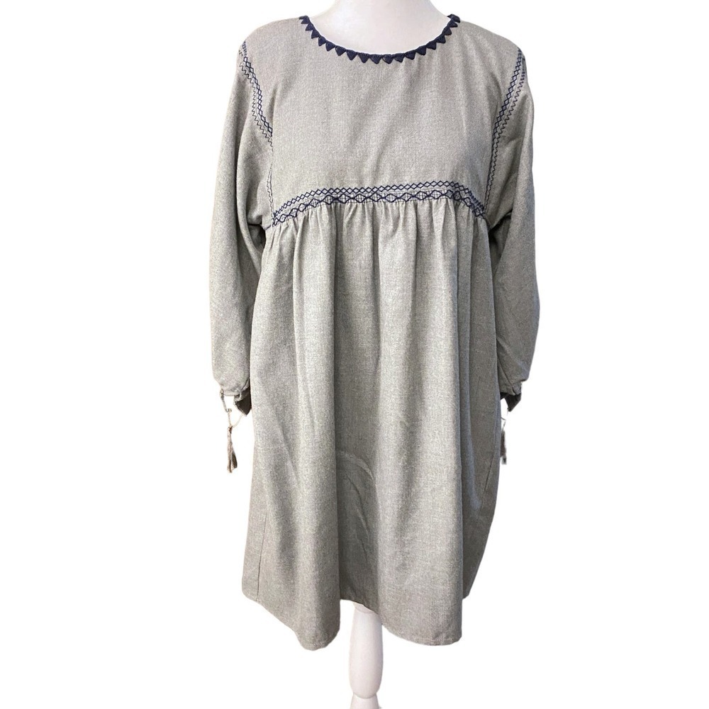 Koch Gray Navy Tassel Crochet Embroidered Boho Babydoll Tunic Mini Dress XS